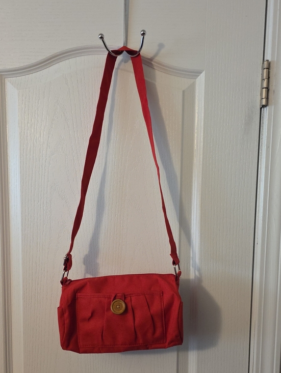 Handbags - Red Canvas Crossbody Bag with Button Accent